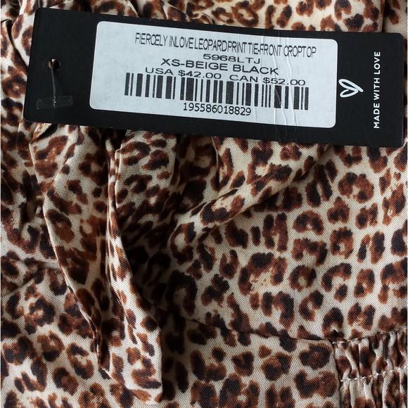 Lulus Women Fiercely in Love Beige Leopard Print Tie-Front Crop Top XS Smock NEW - Picture 9 of 10